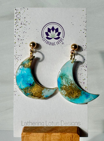 Turquoise and Gold Watercolor Moon Earrings